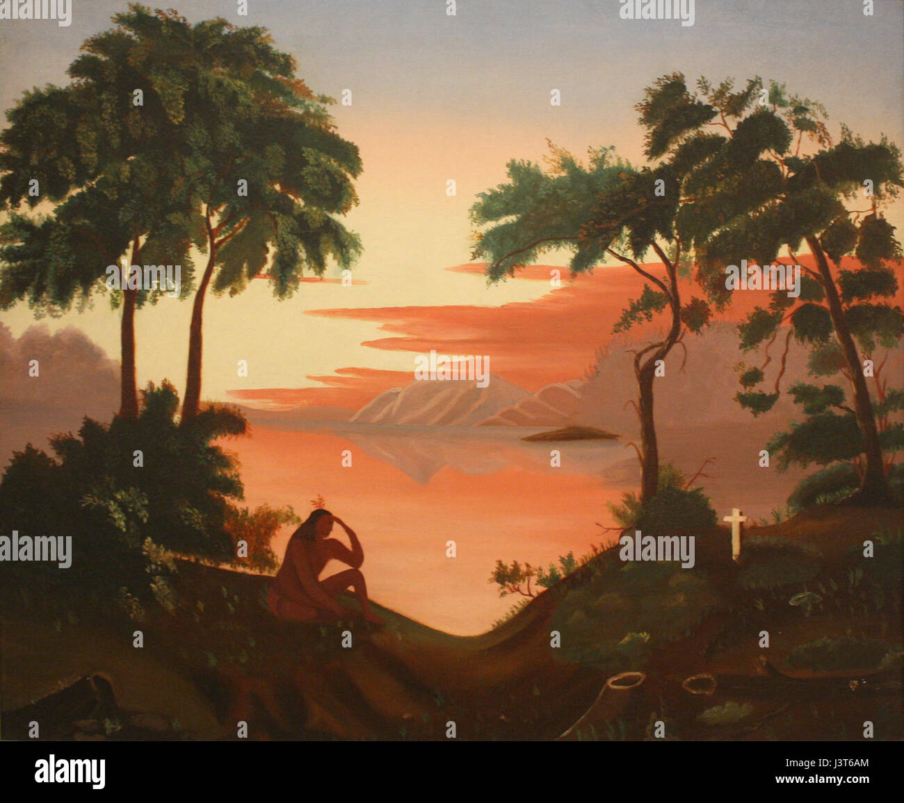 "Indian Lament" è un dipinto commovente del 1850 circa, che raffigura una donna nativa americana in lutto. L'opera riflette i temi della perdita, del dolore e dello spostamento durante il periodo di espansione verso ovest negli Stati Uniti. Serve come registrazione visiva del tributo emotivo vissuto dai popoli indigeni durante questa era di conflitto e cambiamento. Foto Stock