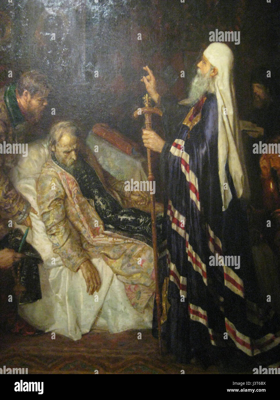 Il dipinto di P. Geller illustra Ivan IV di Russia, noto anche come Ivan il terribile, nei suoi ultimi giorni prima della sua morte, raffigurante la sua decisione di diventare monaco pentito. Cattura il significato emotivo e storico dei suoi ultimi momenti. Foto Stock