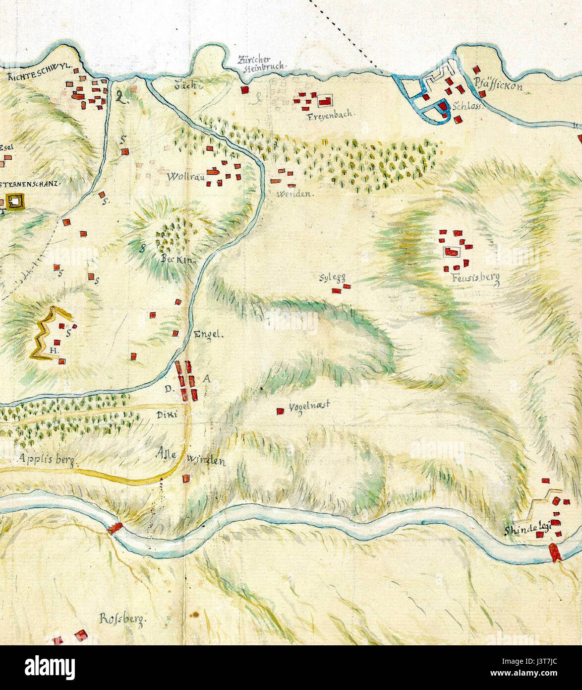 Una mappa storica che mostra l'area di Richterswil, Schindellegi durante la seconda guerra di Villmerger del 1712. La mappa evidenzia le principali caratteristiche geografiche e le posizioni strategiche importanti nel conflitto tra le fazioni svizzere. Foto Stock