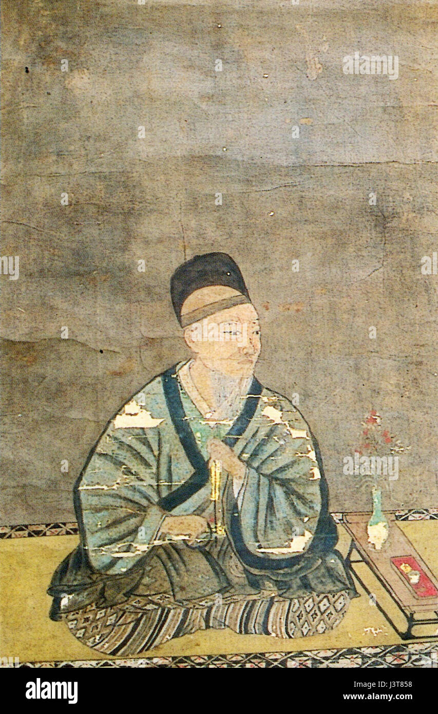 Un ritratto di Kabayama Nagahisa, un samurai giapponese, presentato in abiti tradizionali, seduto su un tappeto. Foto Stock