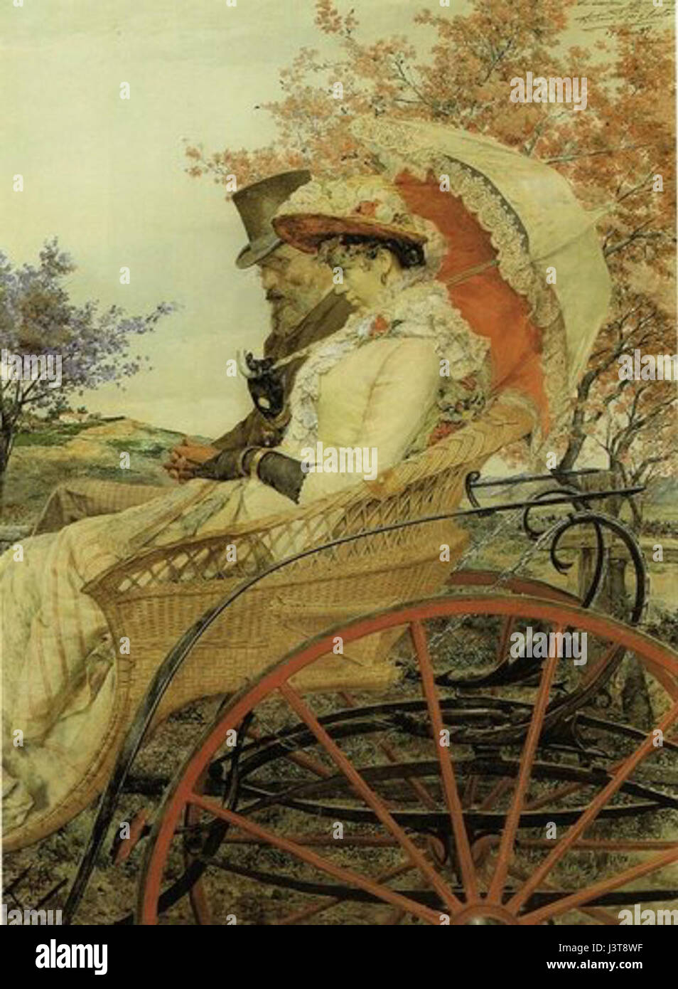 "In carrozza" si riferisce a una rappresentazione storica di un viaggio in carrozza, che illustra un modo di trasporto in passato. Mette in evidenza le esperienze di viaggio e gli aspetti sociali dei viaggi in carrozza nei secoli precedenti. Foto Stock