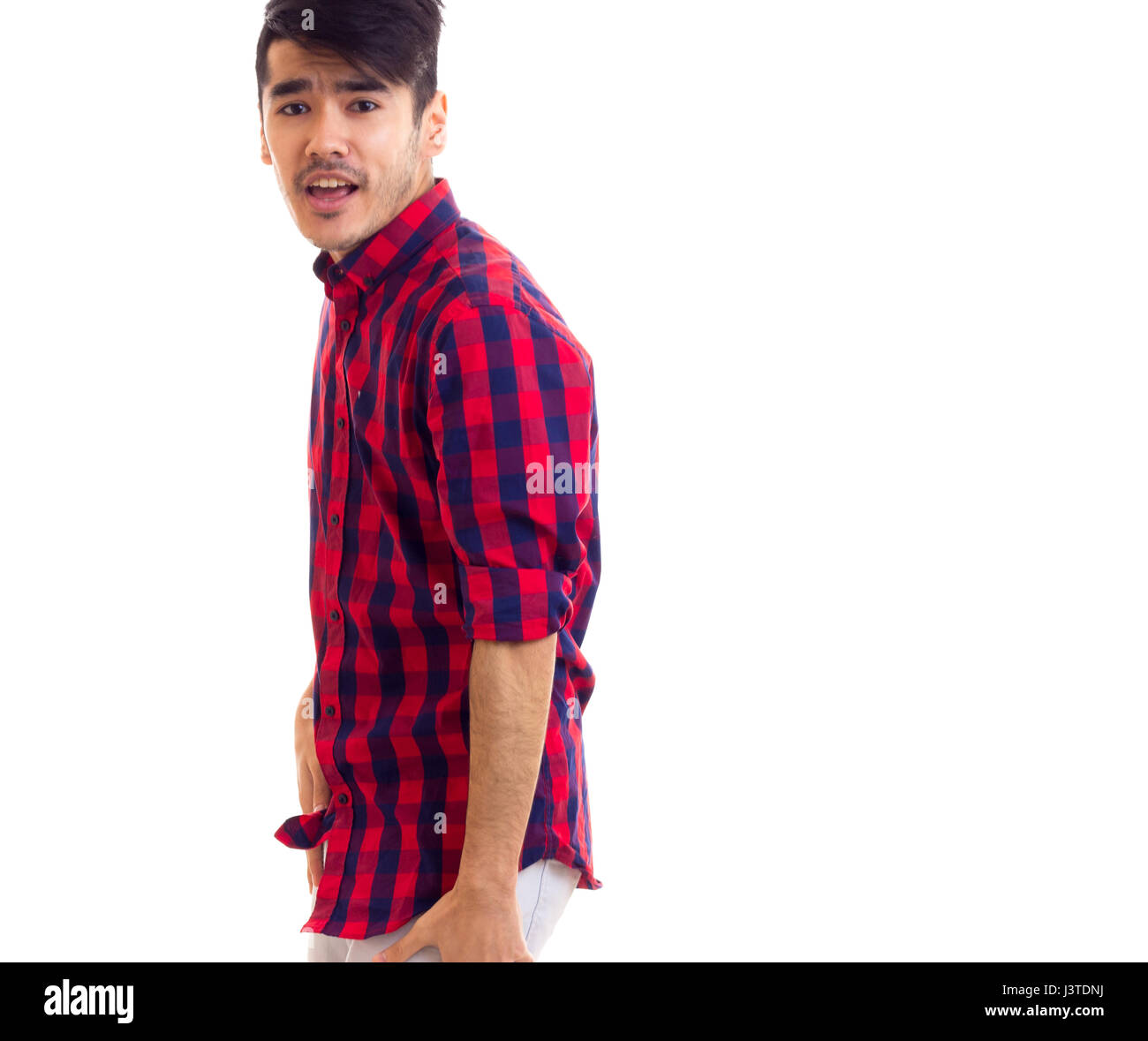 Giovane uomo in plaid shirt Foto Stock