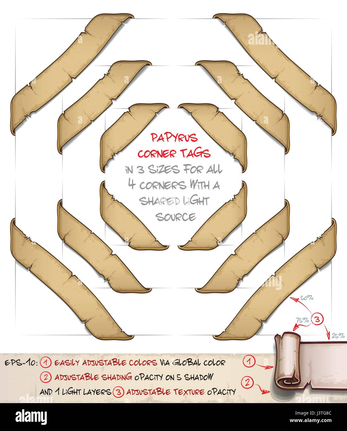 Vettore illustrazione del fumetto di età compresa tra vecchio papiro o pergamena corner tag. Set di 3 dimensioni dai 4 angoli condividono la stessa fonte di luce. Stratificati con precisione un Illustrazione Vettoriale