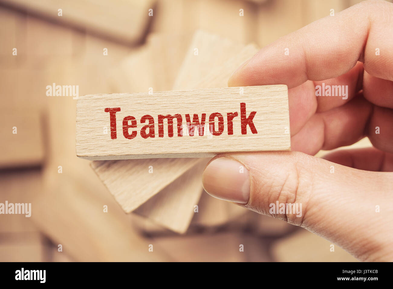 Il lavoro di squadra parola fatta con blocchi di costruzione Foto Stock