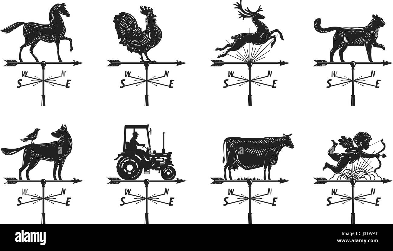 Banderuola silhouette, impostare le icone. Banderuole, weathervane di simbolo o logo. Vintage illustrazione vettoriale Illustrazione Vettoriale