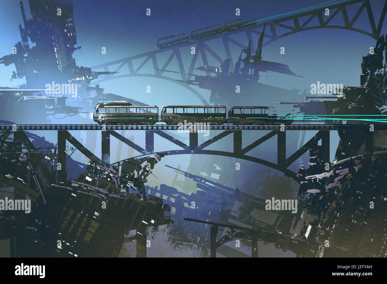 Scena del treno futuristico su ferrovia e ponte in città abbandonate con arte digitale stile, illustrazione pittura Foto Stock