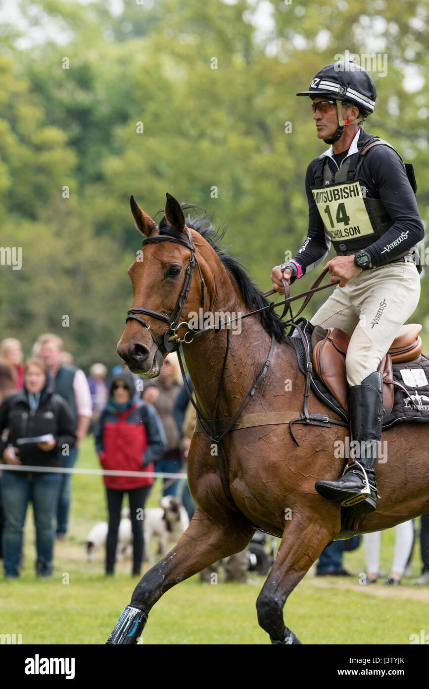 Nuova Zelanda rider Andrew Nicholson sui concorrenti Qwanza al Badminton Horse Trials 2017. Nicholson ha vinto il concorso su Nereo. Foto Stock