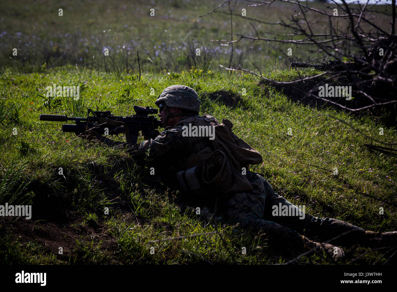 Stati Uniti Marine Sgt. Bryan Martincic, un rifleman con Marine forza rotazionale Europa 17.1, dà la soppressione di un incendio durante il plotone gli attacchi che sono stati parte di esercizio Platinum Eagle 17.2 a Babadag Area Formazione, Romania, 3 maggio 2017. Il live-Incendio campo è stato il momento culminante di platino Aquila e incluso il fuoco indiretto di elementi di sostegno, assault collettore e un sforzo principale dei fucilieri utilizzando le competenze e le tattiche imparato nel corso dell'esercizio di assalto una posizione. Il trans-atlantico relazione strategica tra Stati Uniti ed Europa si è forgiata nel corso degli ultimi 7 decenni ed è costruita su un rilevato Foto Stock