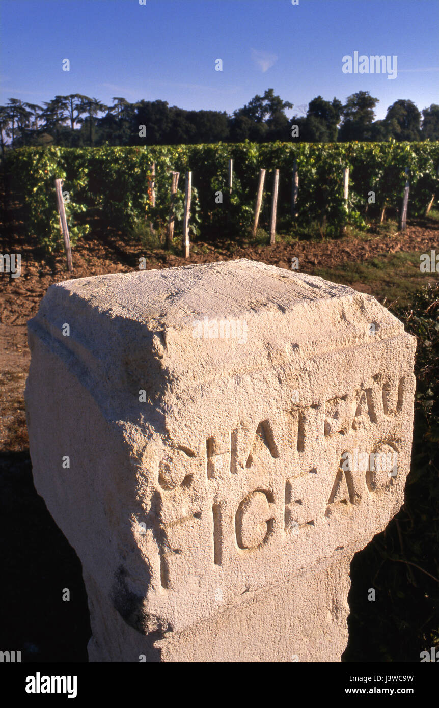 CHATEAU FIGEAC pilastro di pietra al confine con i vigneti di Château Figeac, St-Émilion, Gironda, Francia. Foto Stock
