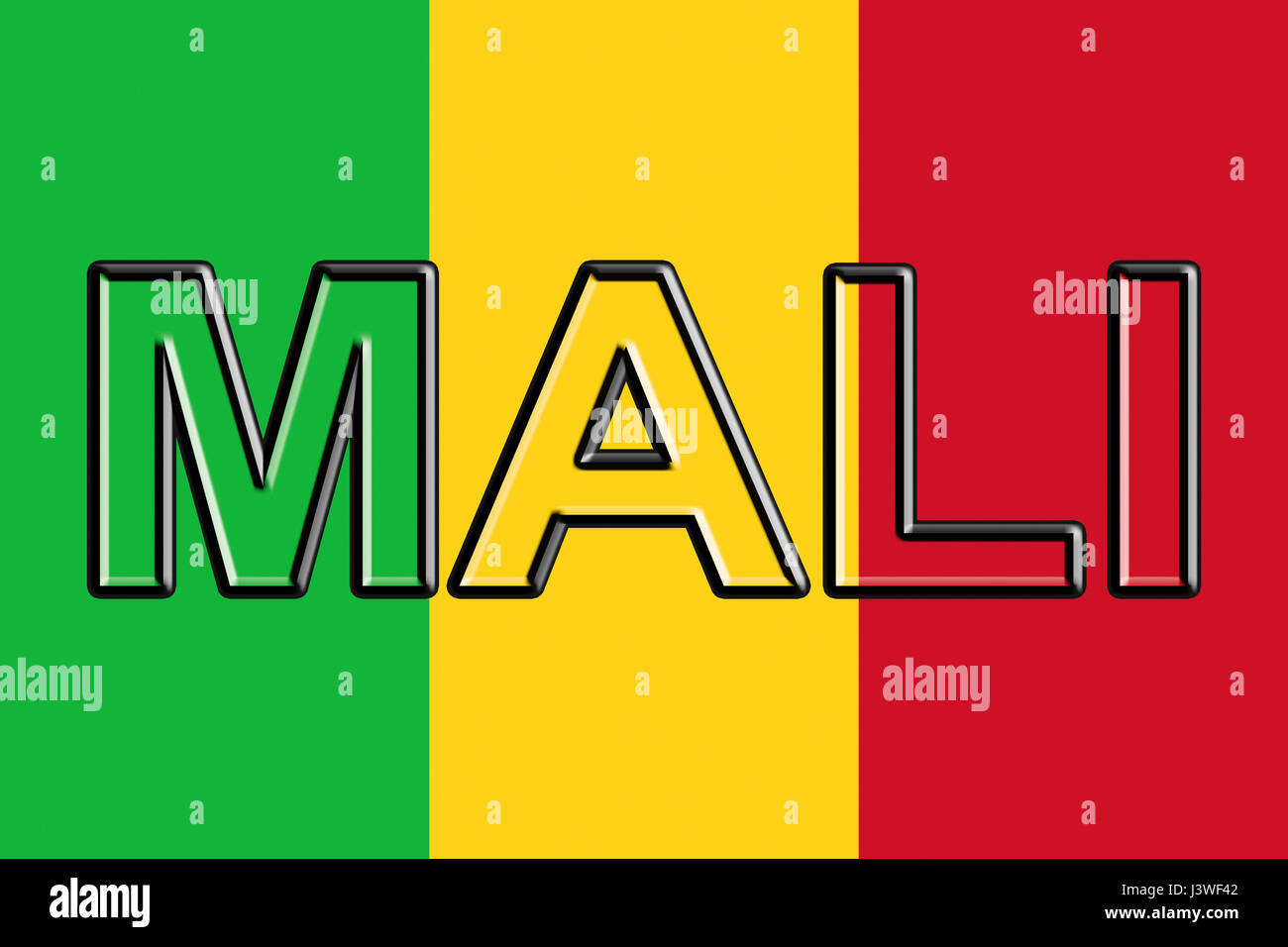 Illustrazione della bandiera nazionale del Mali con il paese scritta sulla bandiera. Foto Stock