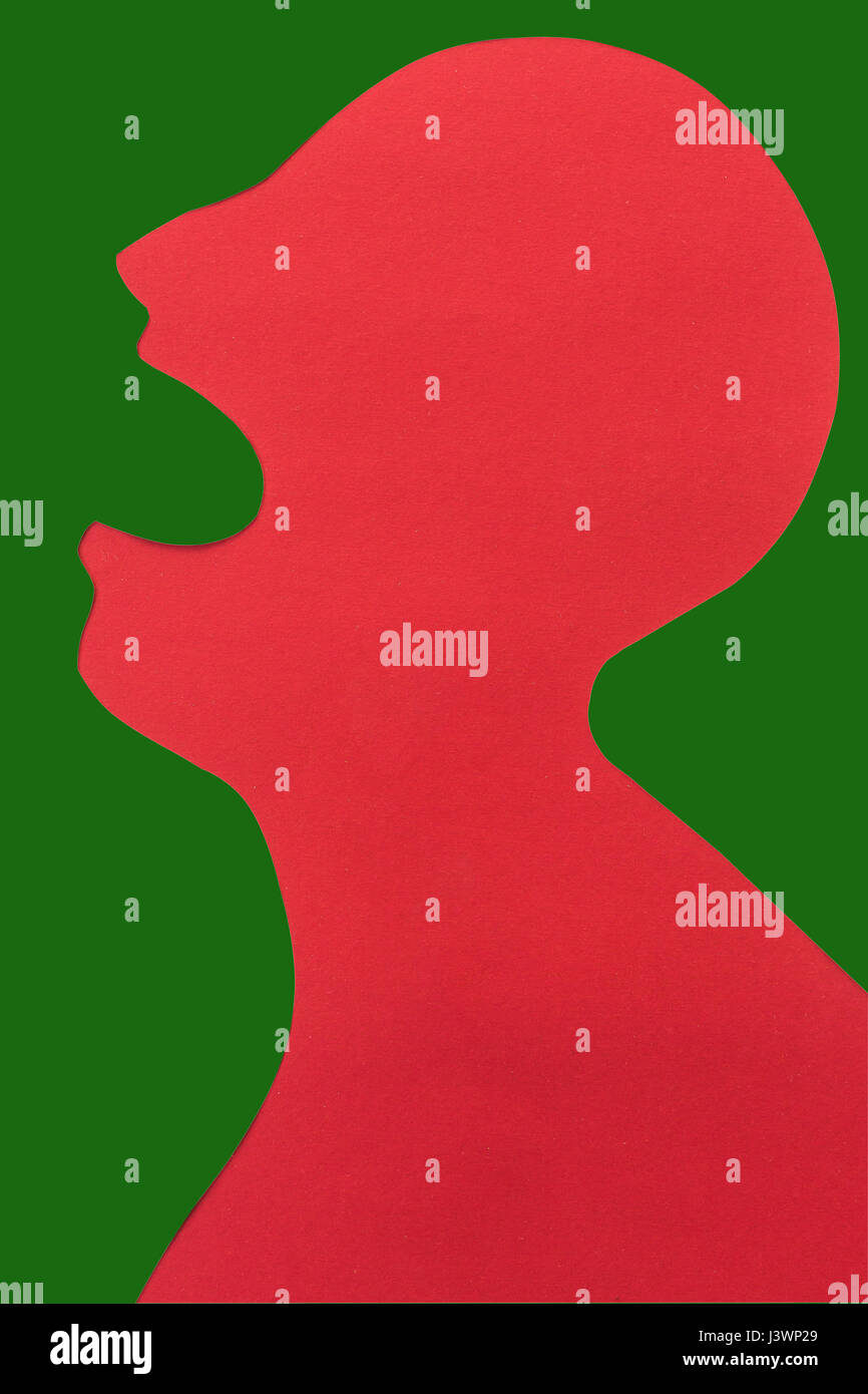 Concetto di malattia e dolore localizzazione su silhouette - contour astratto del paziente con febbre alta, pericoloso problema nell' organismo, bocca di pianto, isolato su sfondo verde, vista dall'alto, piatto laici. Foto Stock