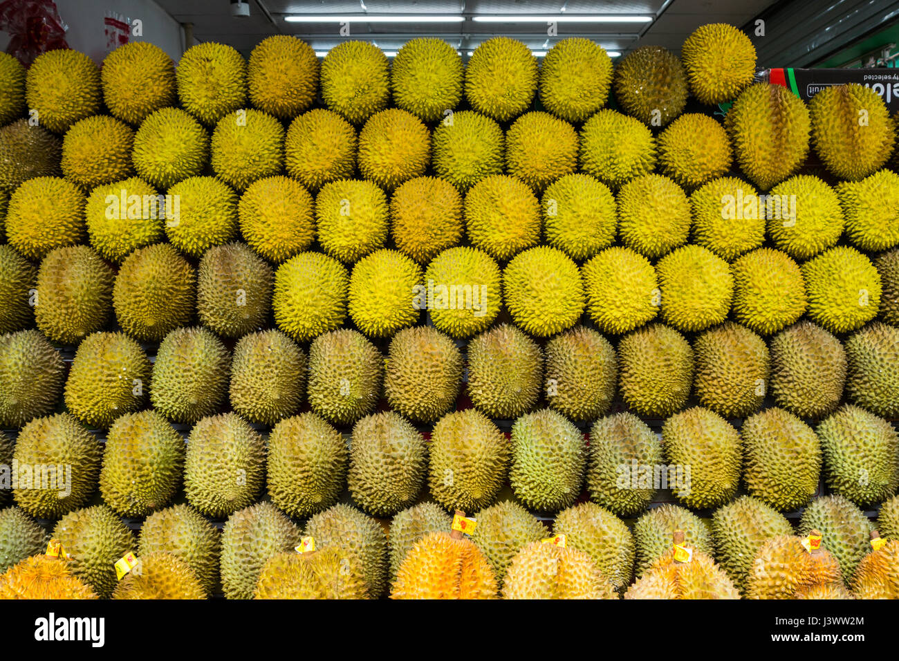 Durians impilati in righe a un cavalletto di frutta in Cina del Sud Foto Stock