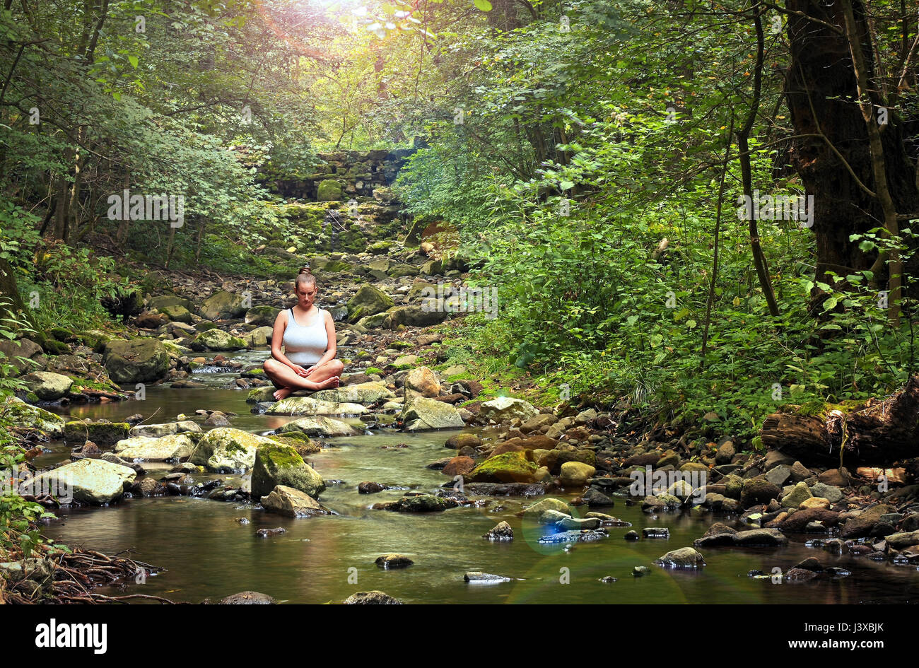 La meditazione in deep forest creek a lato Foto Stock