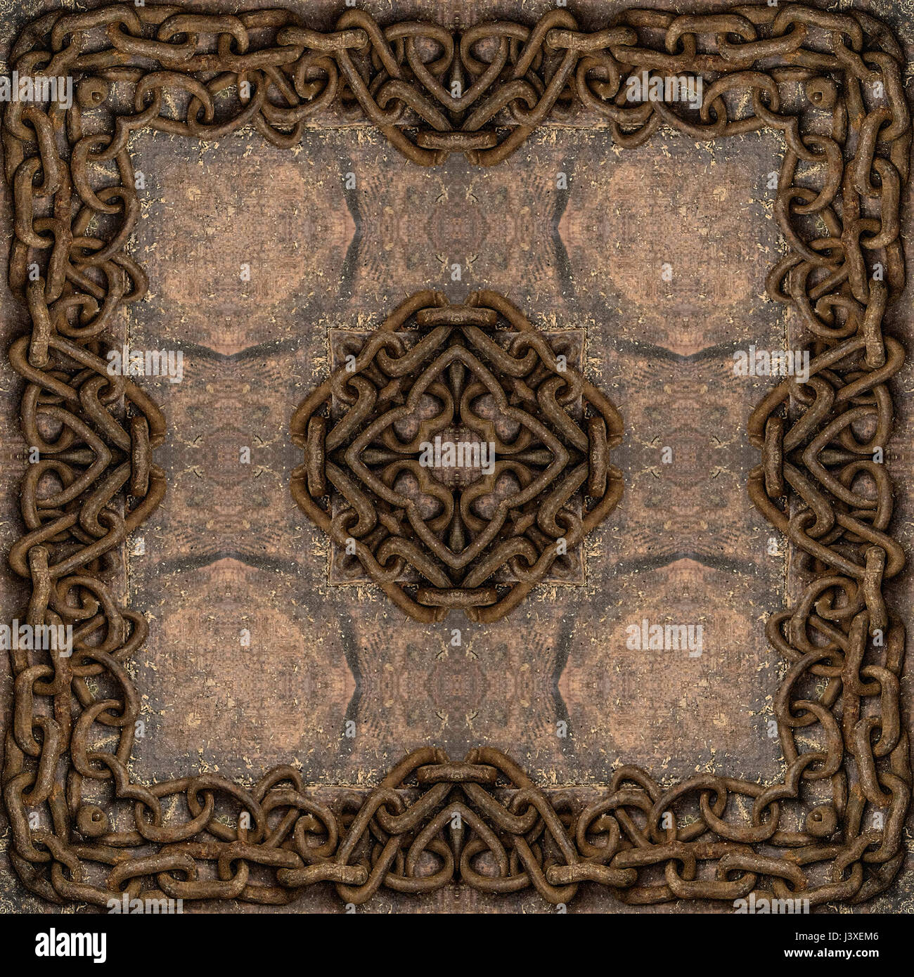 Grunge retrò in legno sfondo senza giunture, vecchio di ferro arrugginito telaio a catena. Foto Stock