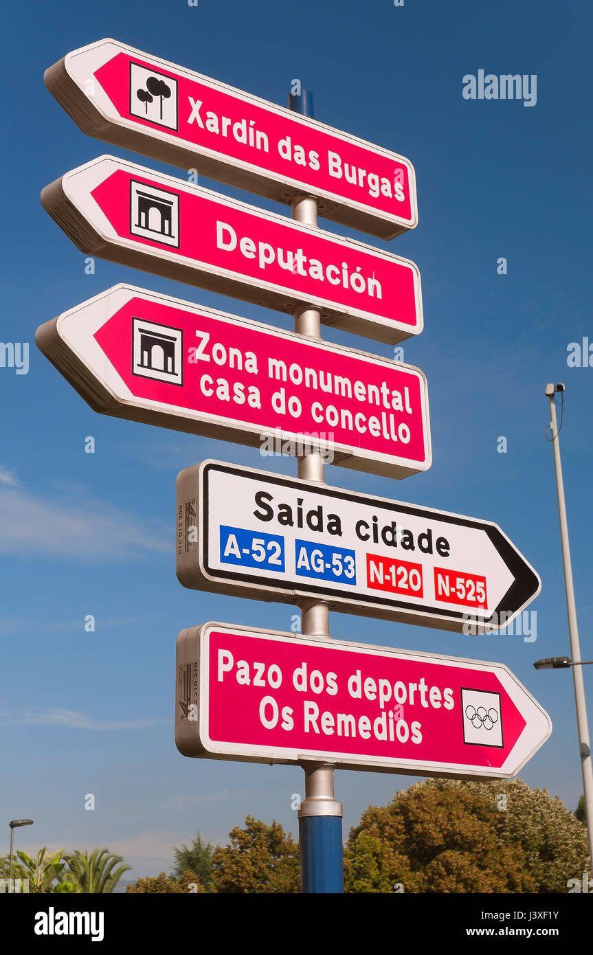 Direzioni urbano segni di Orense, regione della Galizia, Spagna, Europa Foto Stock