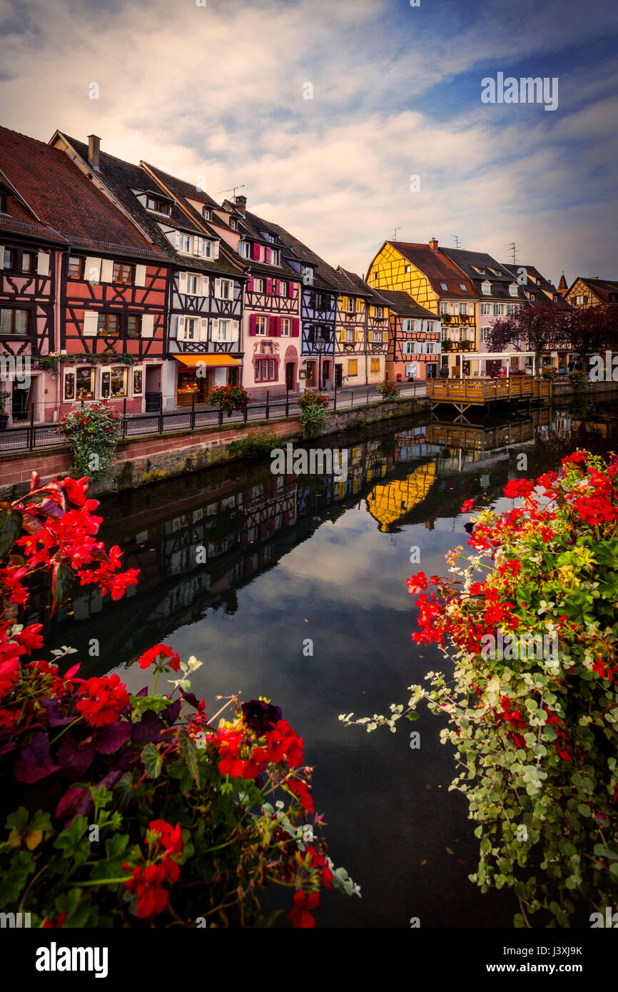 Case tradizionali sul canal waterfront, Colmar, Alsazia, Francia Foto Stock