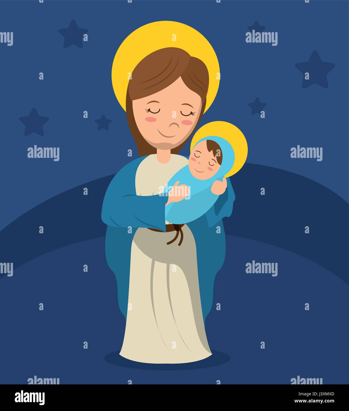 Vergine Maria e Gesù bambino bakcground blu Illustrazione Vettoriale