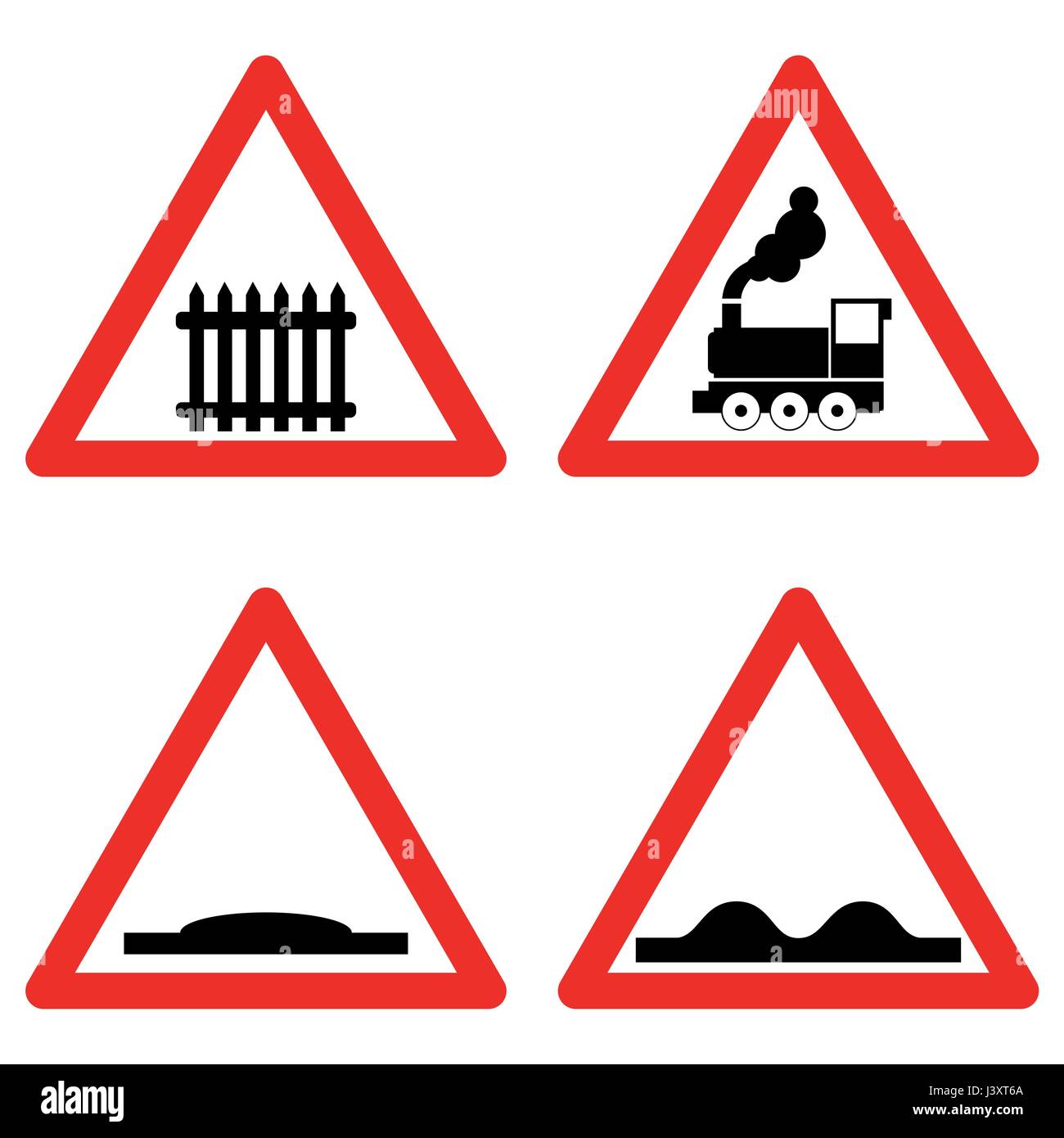 Segnaletica stradale vettore impostato su sfondo bianco, passaggio a livello ferroviario in anticipo, dosso, strada sconnessa simboli nel triangolo rosso. Vettore Illustrazione Vettoriale