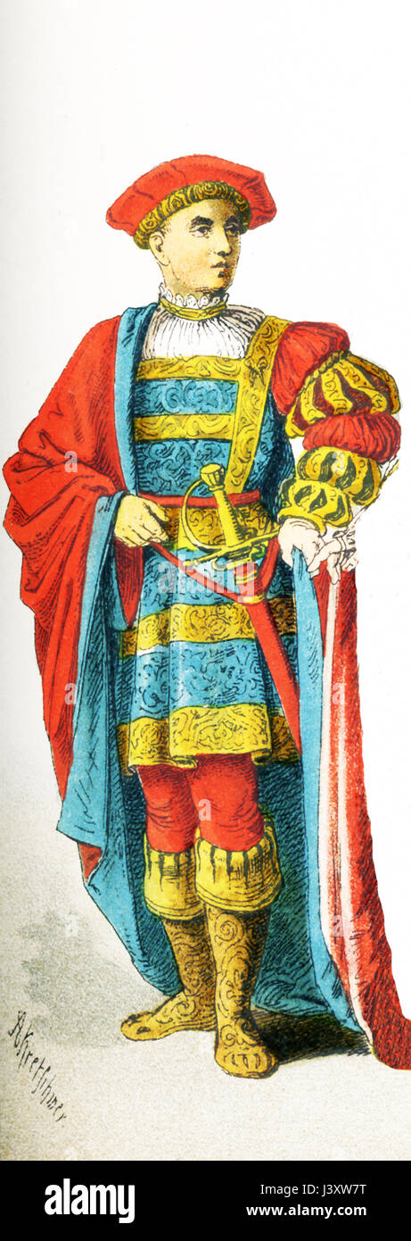 La figura raffigurata qui rappresenta un uomo italiano di rango attorno al 1500 D.C. L'illustrazione risale al 1882. Foto Stock