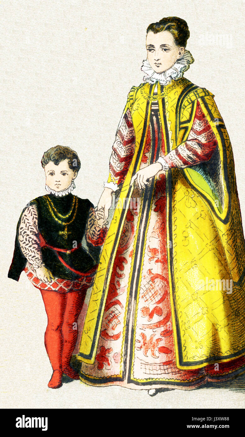 Le figure raffigurate qui rappresentano un italiano nobile donna e suo figlio attorno al 1500 D.C. L'illustrazione risale al 1882. Foto Stock
