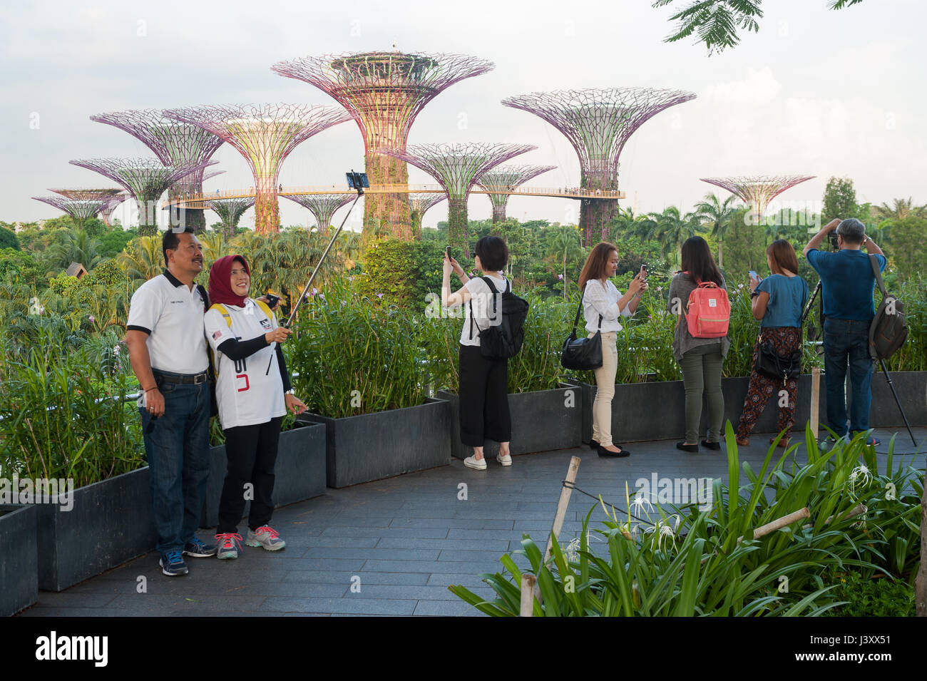 05.05.2017, Singapore, Repubblica di Singapore, in Asia - i turisti scattate delle fotografie del Supertrees nei giardini dalla baia theme park. Foto Stock