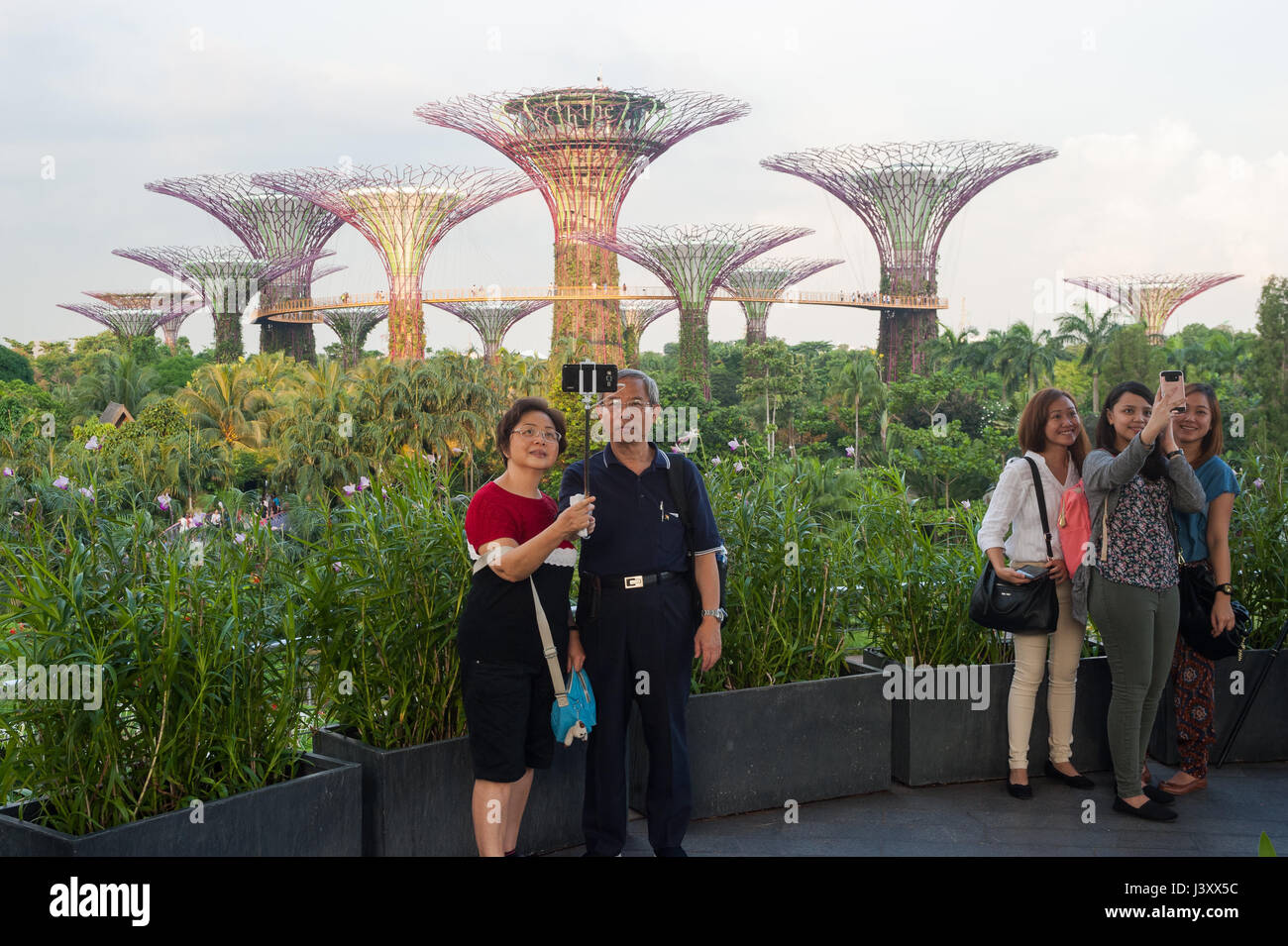 05.05.2017, Singapore, Repubblica di Singapore, in Asia - i turisti scattate delle fotografie del Supertrees nei giardini dalla baia theme park. Foto Stock