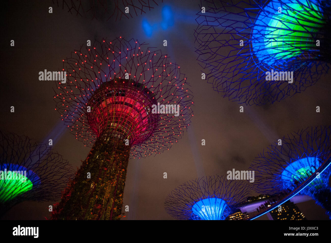 06.05.2017, Singapore, Repubblica di Singapore, in Asia - fasci di luce in rappresentanza di spade laser sono proiettati dal Supertrees nel cielo notturno. Foto Stock