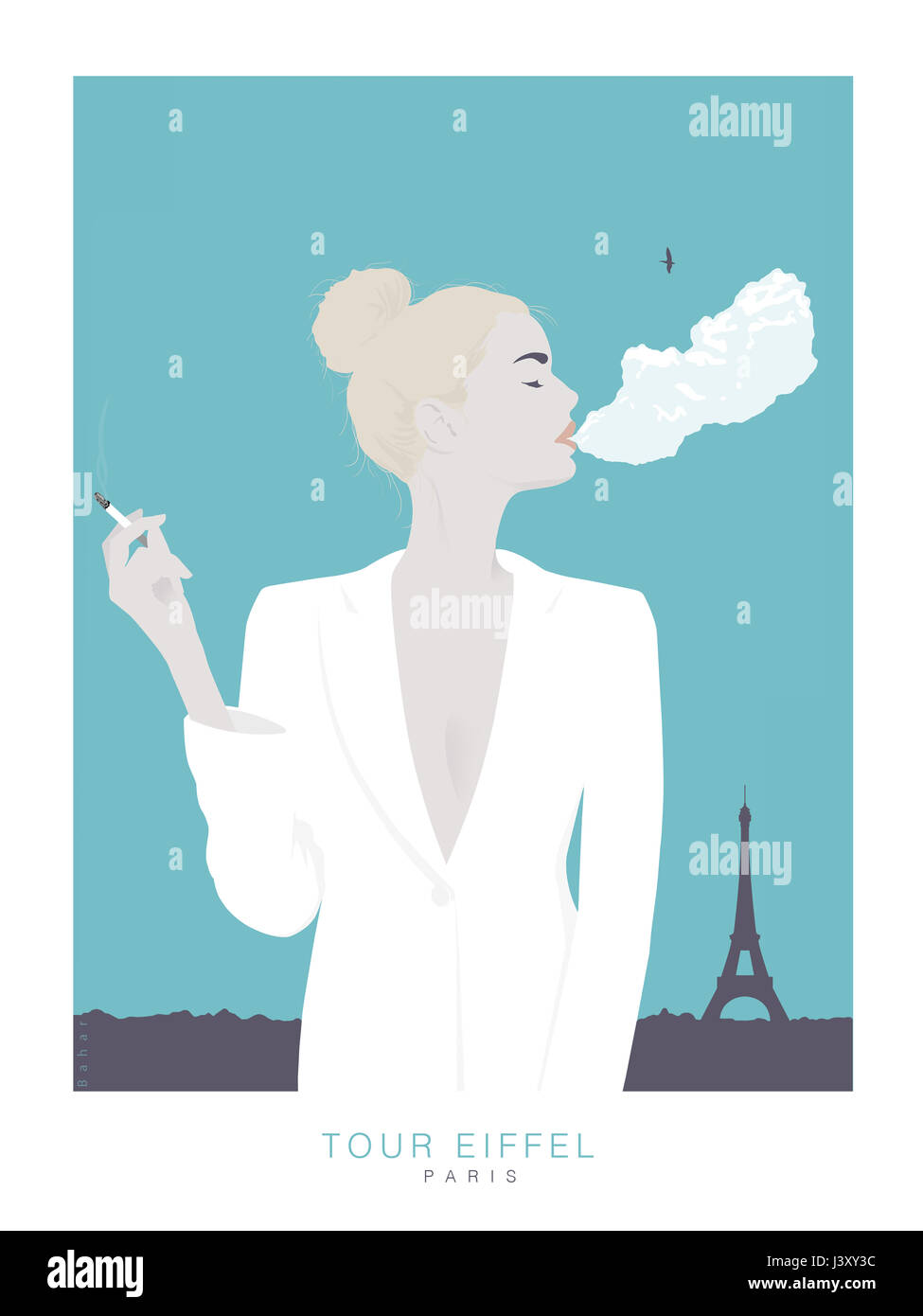 Donna di fumare davanti alla Torre Eiffel Foto Stock