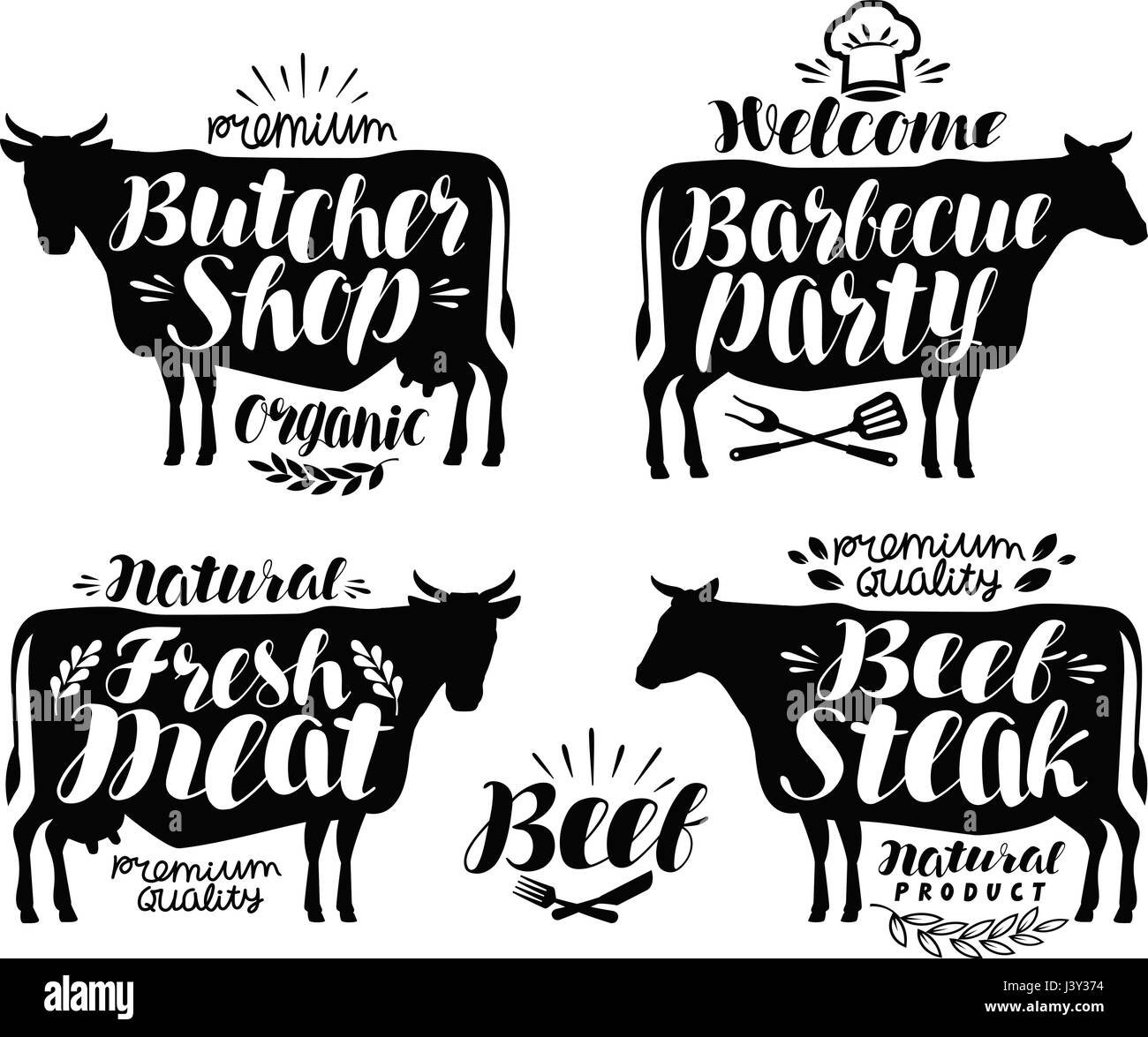 Macelleria, barbecue party set di etichette. Carne, carne di manzo, barbecue icona o logo. Lettering illustrazione vettoriale Illustrazione Vettoriale
