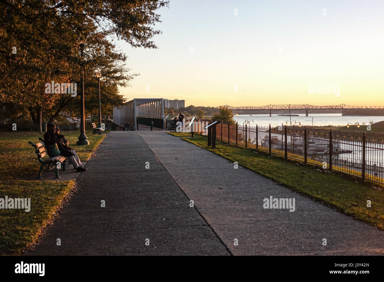 Giovane seduto su una panchina e guardare il tramonto sopra il Mississippi, Memphis Foto Stock