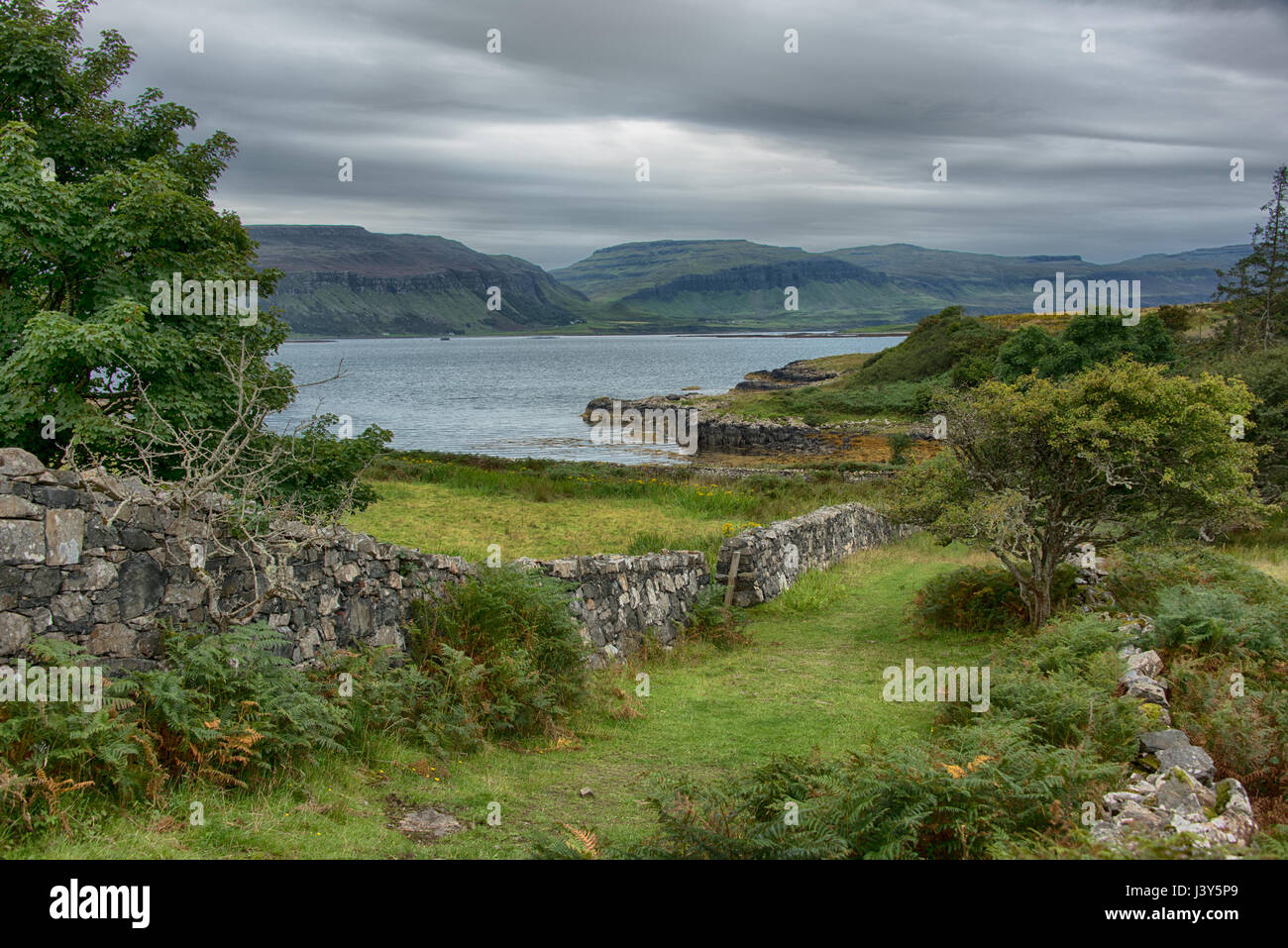 Muro di pietra sull'Isola di Ulva, Scozia. Foto Stock