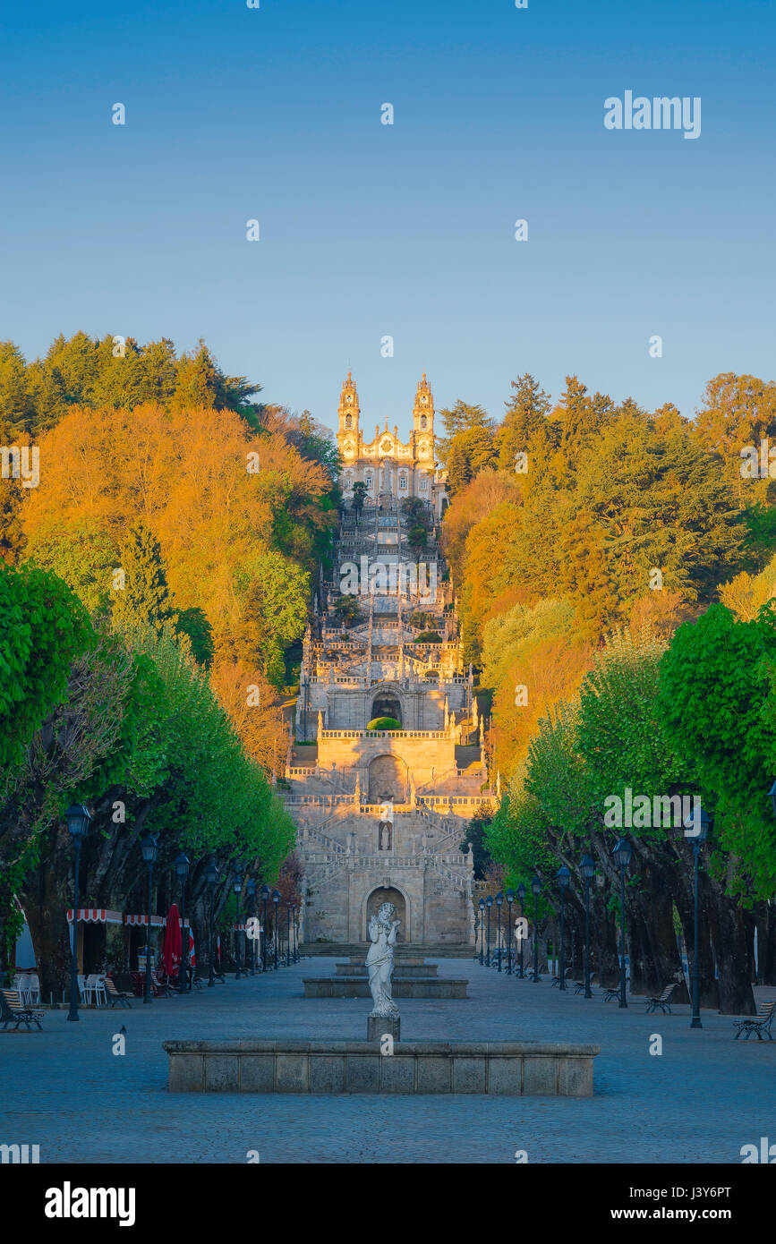 Lamego Portogallo scale, view all alba del Barocco scalinata che conduce alla chiesa di Nossa Senhora dos Remedios in Lamego, Portogallo. Foto Stock