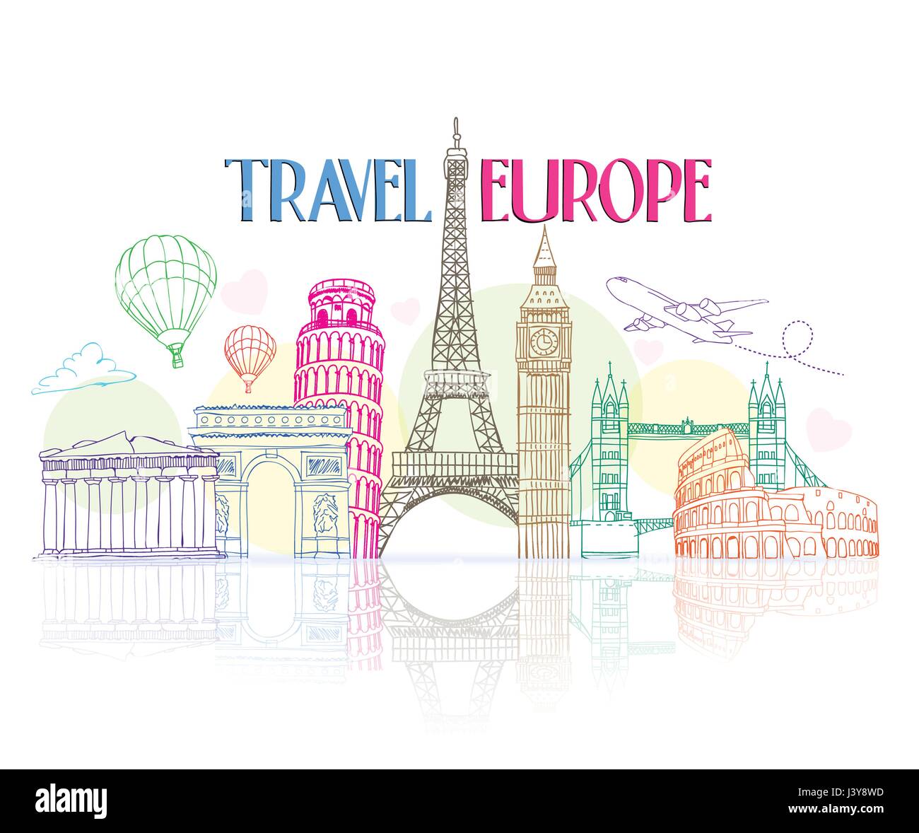 Colorato viaggia in Europa del disegno a mano con le più famose attrazioni turistiche e luoghi in uno sfondo bianco con la riflessione. Illustrazione Vettoriale Illustrazione Vettoriale