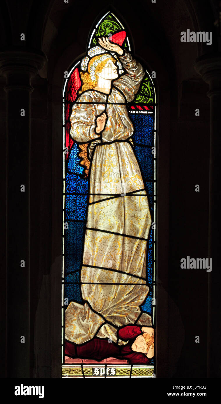 Spes, Speranza, vetrate di Burne-Jones, 1865, dettaglio dalla fede, la speranza e la carità, finestra Sculthorpe chiesa, Norfolk, Inghilterra, Regno Unito Foto Stock