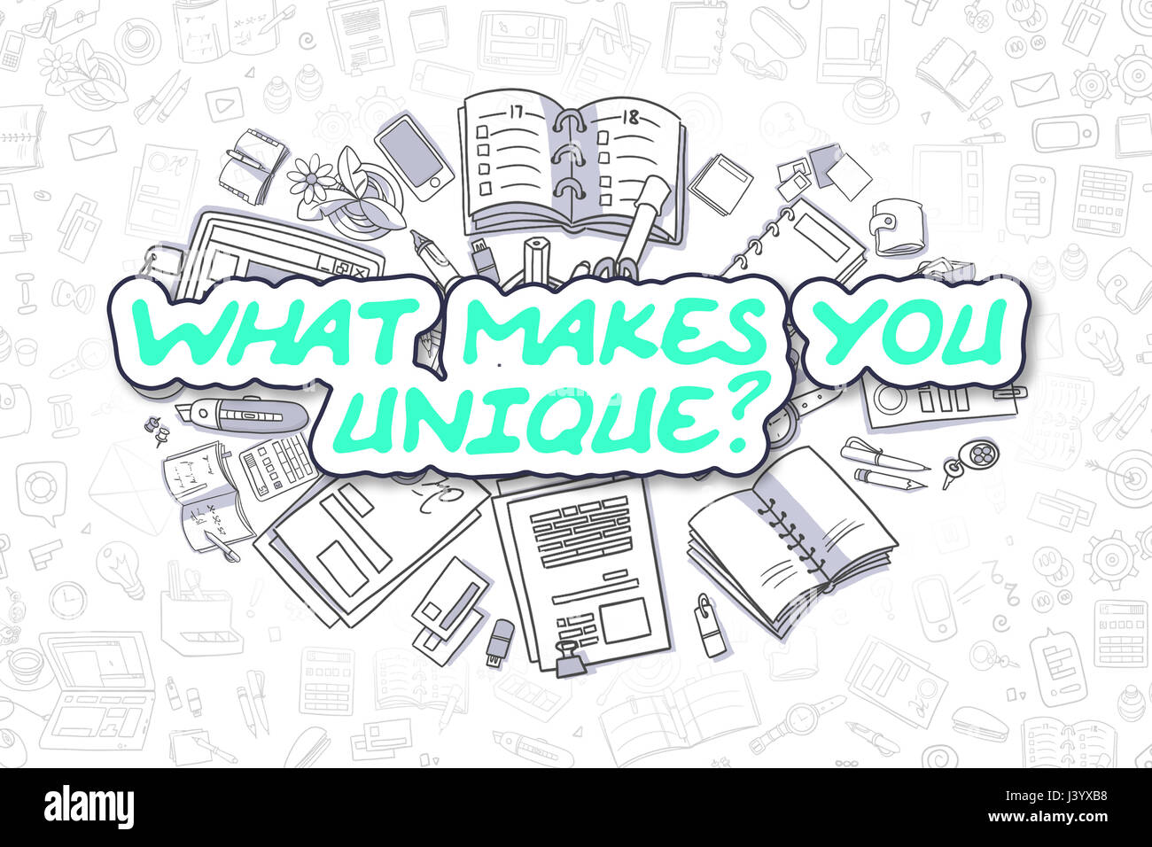 Ciò che ti rende Unico - Doodle parola verde. Il concetto di business. Foto Stock