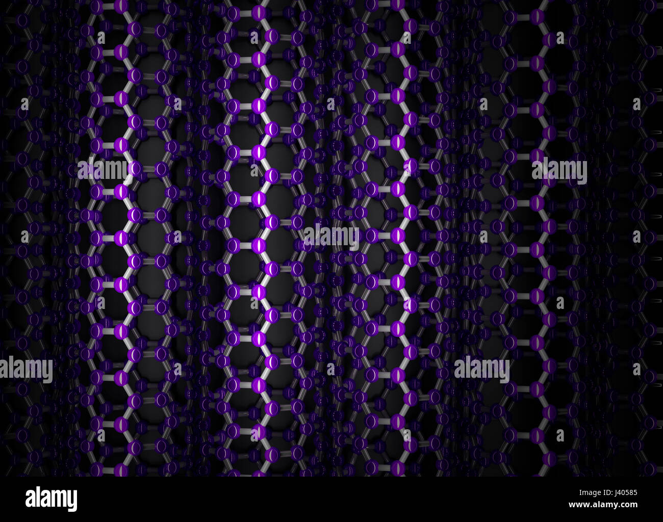 3D Rendering di nanotubi verticale, Viola atomi e legami d'argento Foto Stock