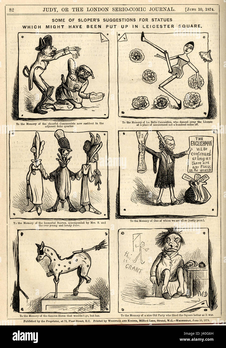 Marie Duval, Ally Sloper, alcuni di Sloper Suggerimenti per le statue che potrebbero essere state condizionate in Leicester Square (Judy, 10 giugno 1874) Foto Stock