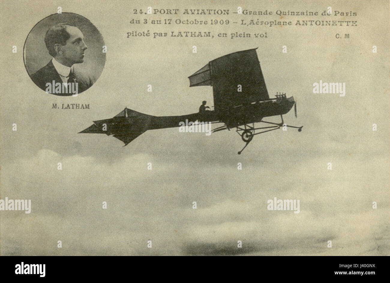 Latham sur Antoinette si riferisce a un primo successo nel settore dell'aviazione, che coinvolse il pioniere dell'aviazione francese, Latham, volando su una specifica rotta o utilizzando l'aereo Antoinette. Il volo mette in evidenza i primi anni dell'aviazione, dove aerei come l'Antoinette hanno svolto un ruolo significativo nello sviluppo della tecnologia aeronautica e della storia del volo. Foto Stock