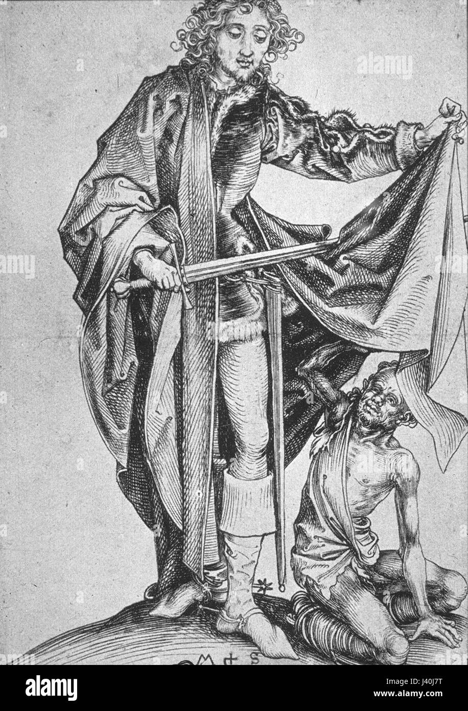 Questo titolo si riferisce a "Der heilige Martin" (Saint Martin) di Martin Schongauer, un incisore tedesco, raffigurante San Martino e la sua leggendaria storia di condividere il suo mantello con un mendicante. Foto Stock