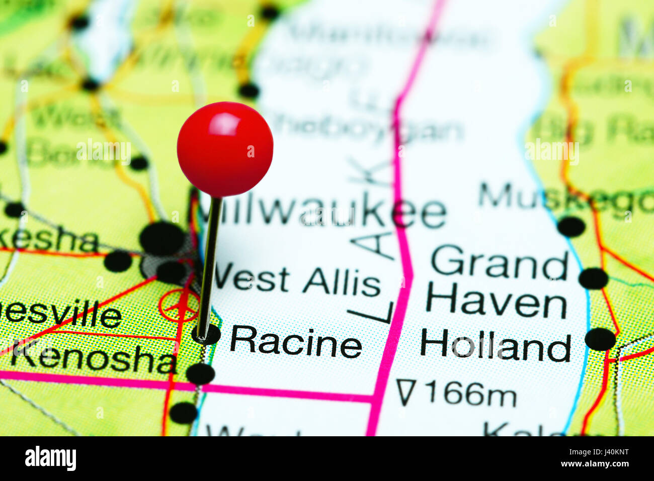 Racine imperniata su una mappa del Wisconsin, USA Foto Stock