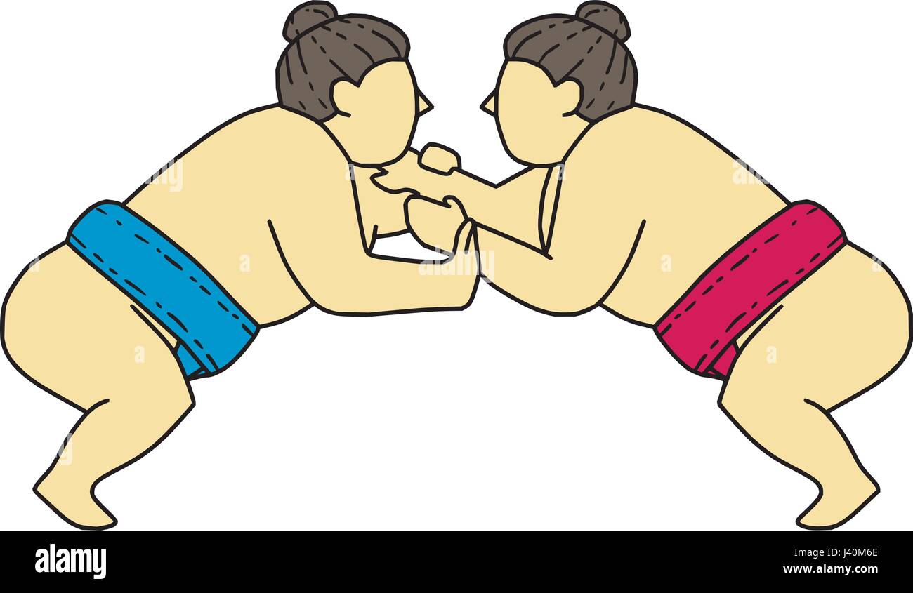 Mono stile linea illustrazione di un giapponese rikishi o lottatore, impegnandosi in un match bout di sumo o sumo wrestling, competitiva full-contact wrestling Illustrazione Vettoriale