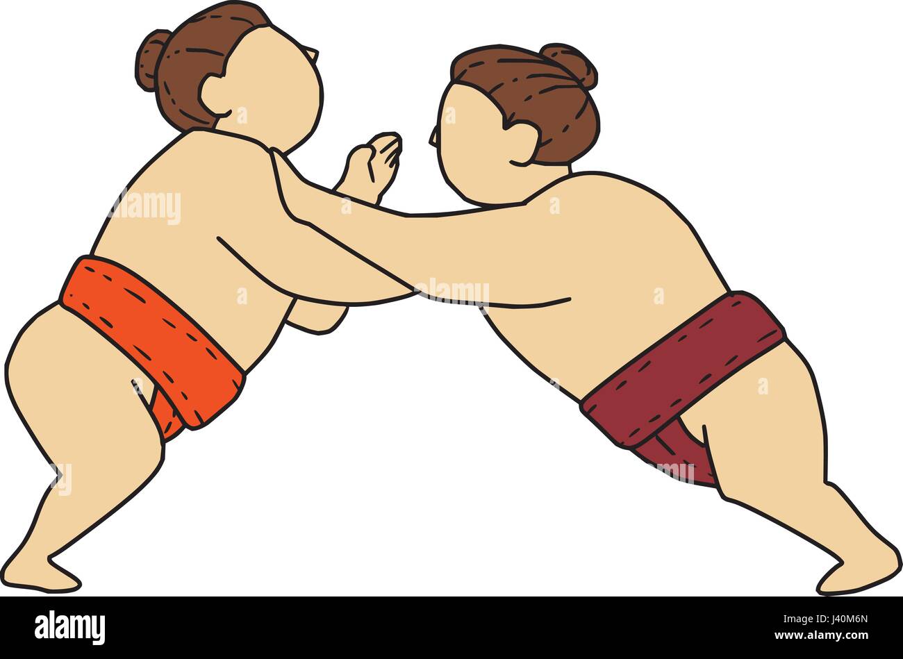 Mono stile linea illustrazione di un giapponese rikishi o lottatore, impegnandosi in un match bout di sumo o sumo wrestling, competitiva full-contact wrestling Illustrazione Vettoriale