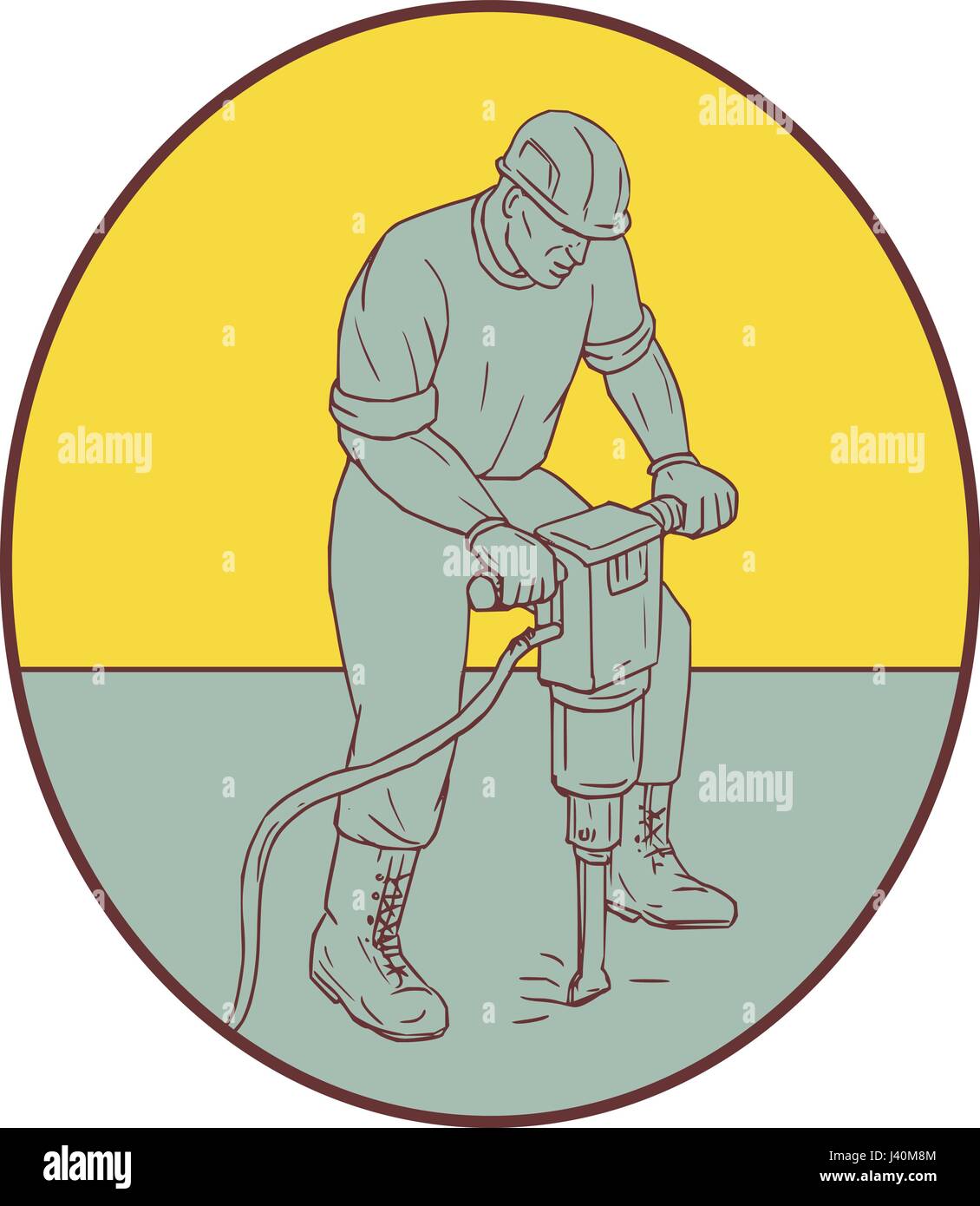 Disegno stile sketch illustrazione di un lavoratore edile operando un jack hammer trapano pneumatico la perforazione Lavori di scavo imposta all'interno di forma ovale su i Illustrazione Vettoriale