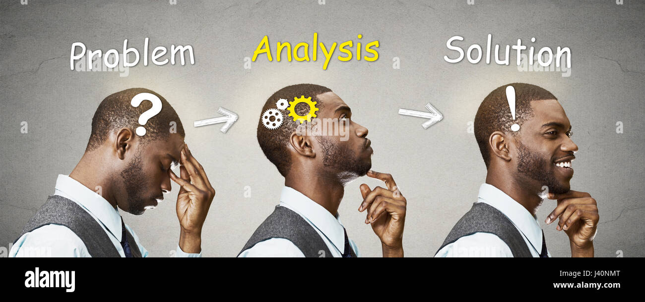 Vista laterale del profilo testa di sequenza scatti riflessivo, pensando, trovando soluzione giovane con meccanismo ad ingranaggio, domanda, segno esclamativo illustrazione è Foto Stock