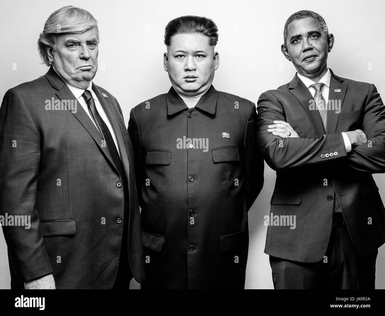 Presidente Donald Trump J, il Presidente Barack Obama e il leader supremo della Corea del nord Kim Jong-Un lookalikes soddisfare per un servizio fotografico di Hong Kong. Foto Stock