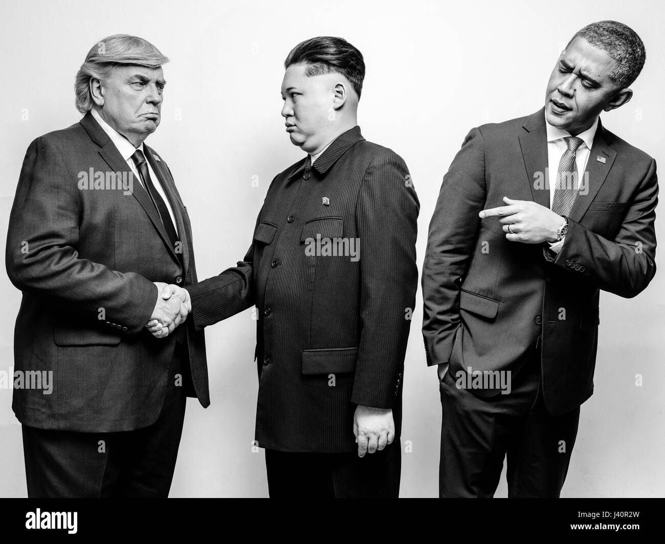 Presidente Donald Trump J, il Presidente Barack Obama e il leader supremo della Corea del nord Kim Jong-Un lookalikes soddisfare per un servizio fotografico di Hong Kong. Foto Stock