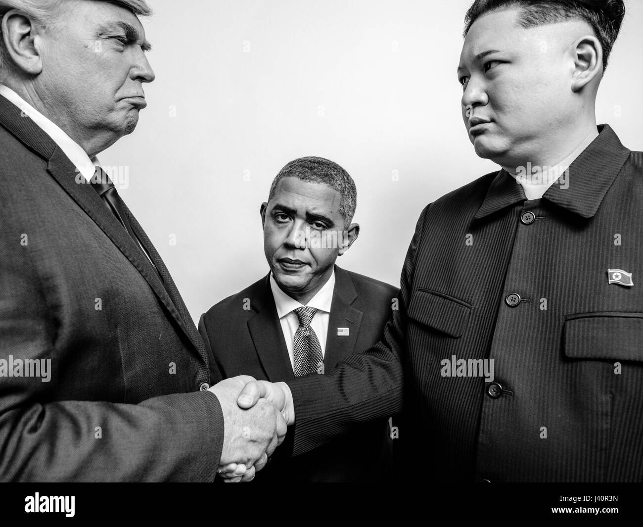 Presidente Donald Trump J, il Presidente Barack Obama e il leader supremo della Corea del nord Kim Jong-Un lookalikes soddisfare per un servizio fotografico di Hong Kong. Foto Stock
