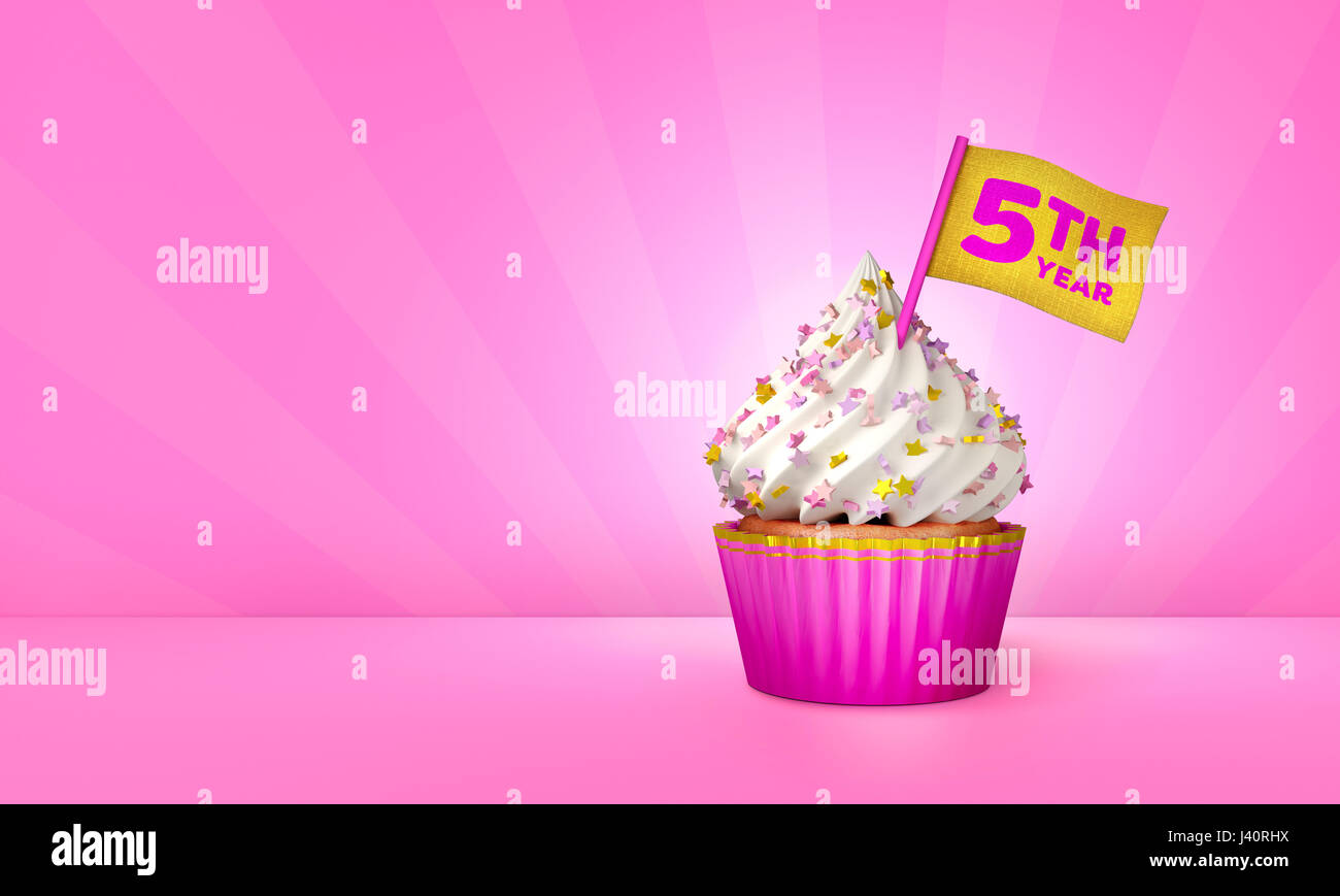 3D Rendering di Cupcake rosa, oro strisce intorno Cupcake Foto Stock
