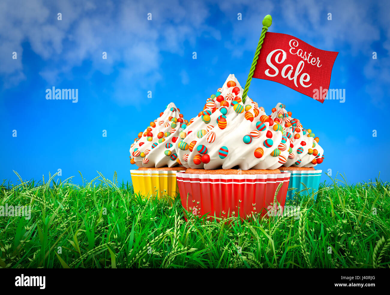 3D Rendering di coloratissimi tortine in erba, PASQUA Tema Foto Stock
