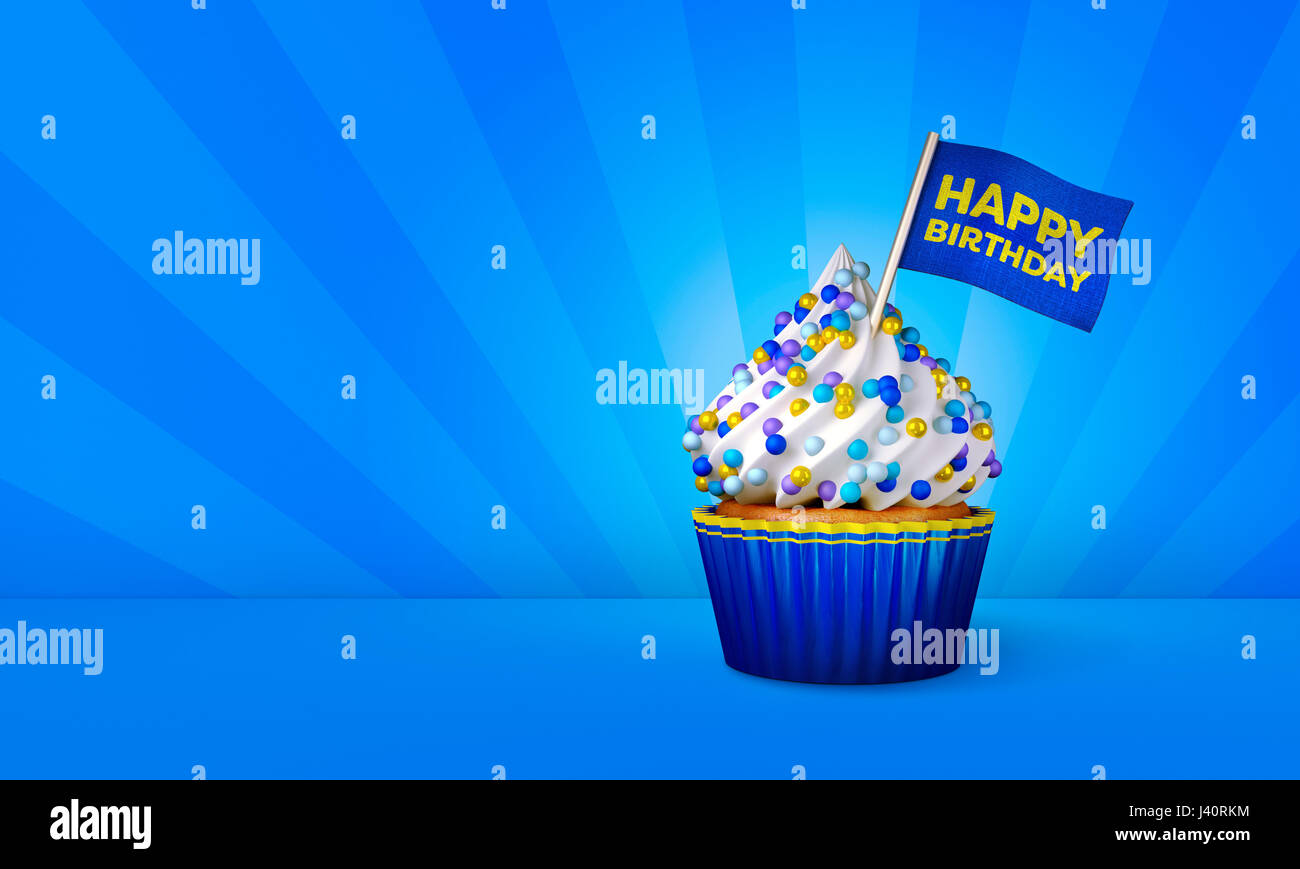 3D Rendering di blu tortina, strisce gialle intorno Cupcake Foto Stock